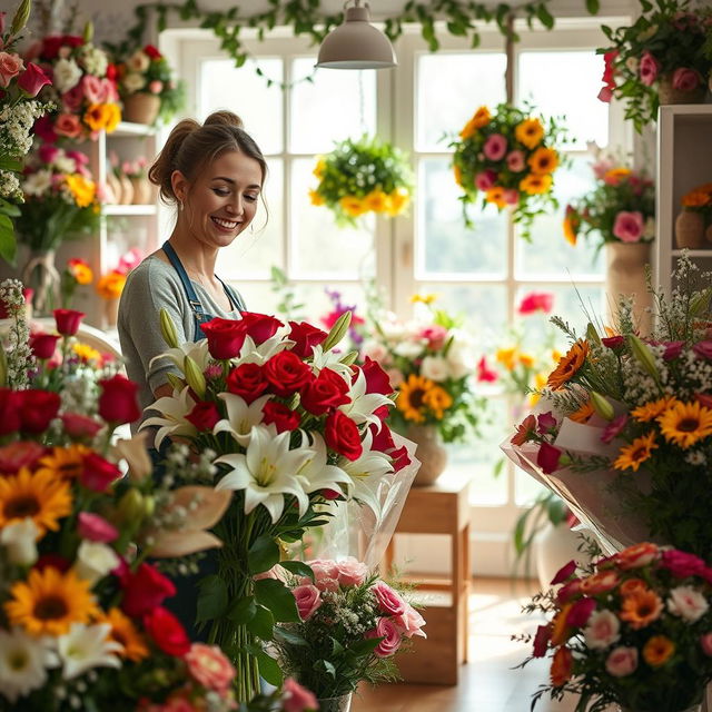 A romantic scene depicting a charming florist shop filled with an abundance of vibrant flowers