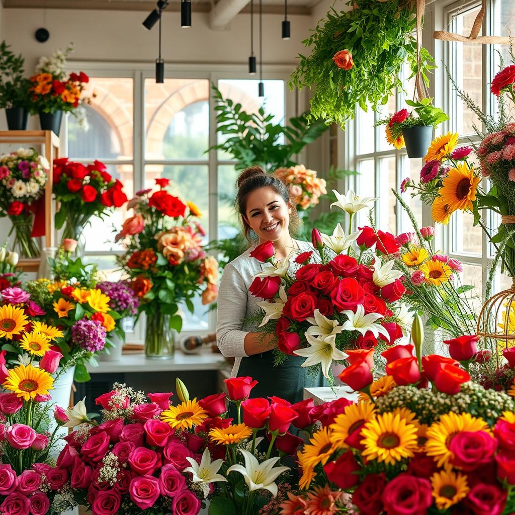 A romantic scene depicting a charming florist shop filled with an abundance of vibrant flowers