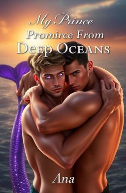 A romantic scene depicting two handsome, fair-skinned men hugging each other tenderly