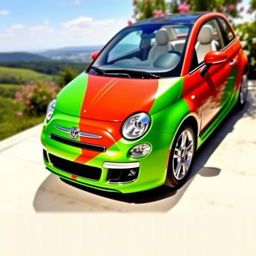 A vibrant car painted in a striking combination of green, red, and white