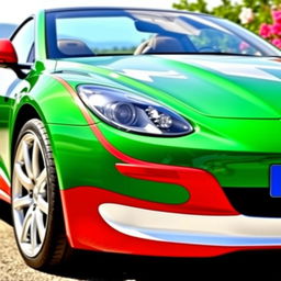 A vibrant car painted in a striking combination of green, red, and white