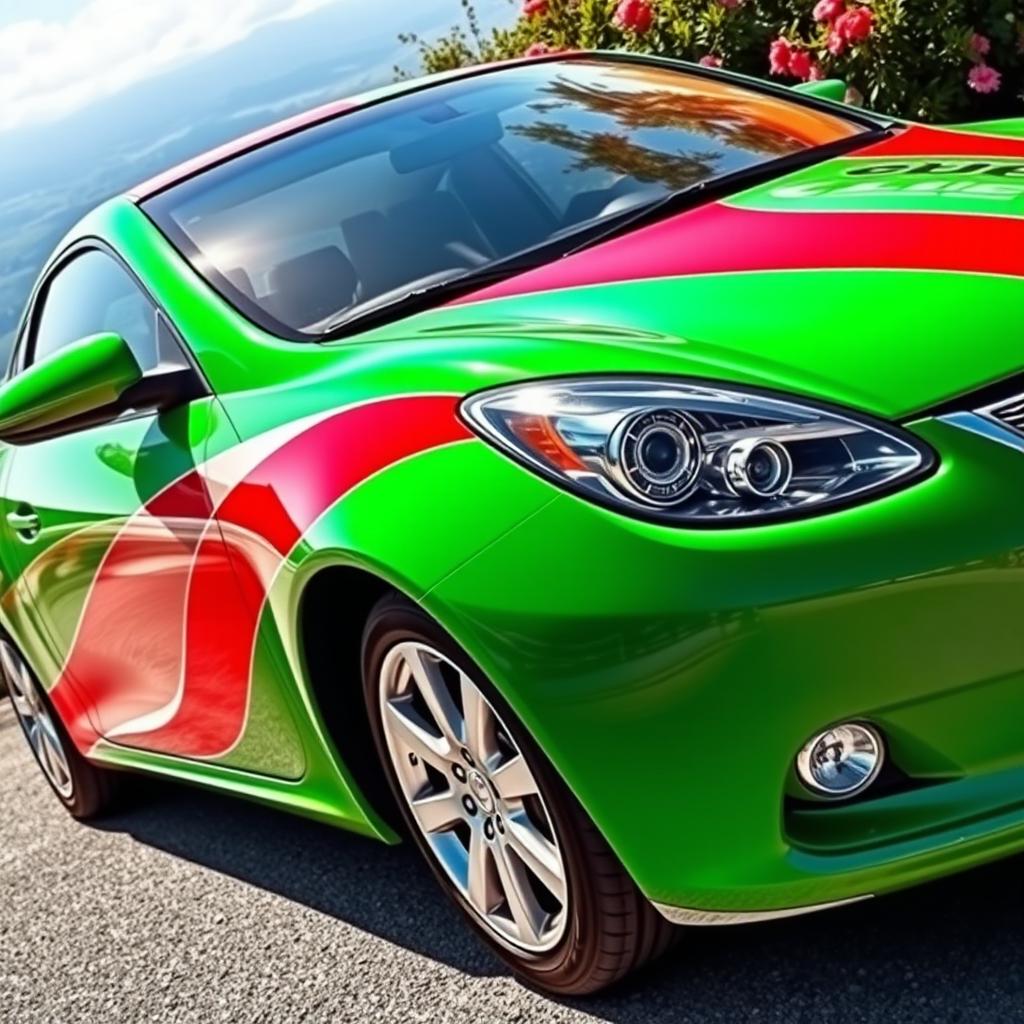 A vibrant car painted in a striking combination of green, red, and white