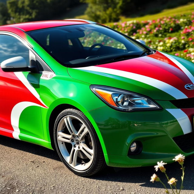 A vibrant car painted in a striking combination of green, red, and white