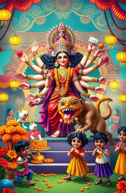 A vibrant and whimsical Durga Puja scene featuring the goddess Durga with ten arms, joyfully battling a colorful and playful demon