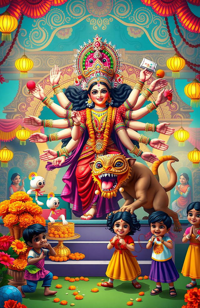 A vibrant and whimsical Durga Puja scene featuring the goddess Durga with ten arms, joyfully battling a colorful and playful demon