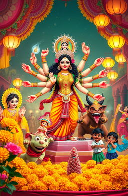 A vibrant and whimsical Durga Puja scene featuring the goddess Durga with ten arms, joyfully battling a colorful and playful demon