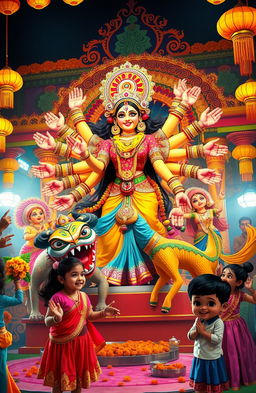 A vibrant and whimsical Durga Puja scene featuring the goddess Durga with ten arms, joyfully battling a colorful and playful demon