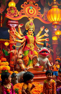 A vibrant and whimsical Durga Puja scene featuring the goddess Durga with ten arms, joyfully battling a colorful and playful demon