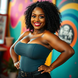 A stunningly beautiful woman with curly hair and a curvy figure, showcasing her ample bosom proudly
