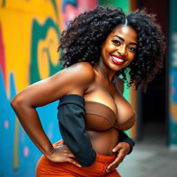 A stunningly beautiful woman with curly hair and a curvy figure, showcasing her ample bosom proudly