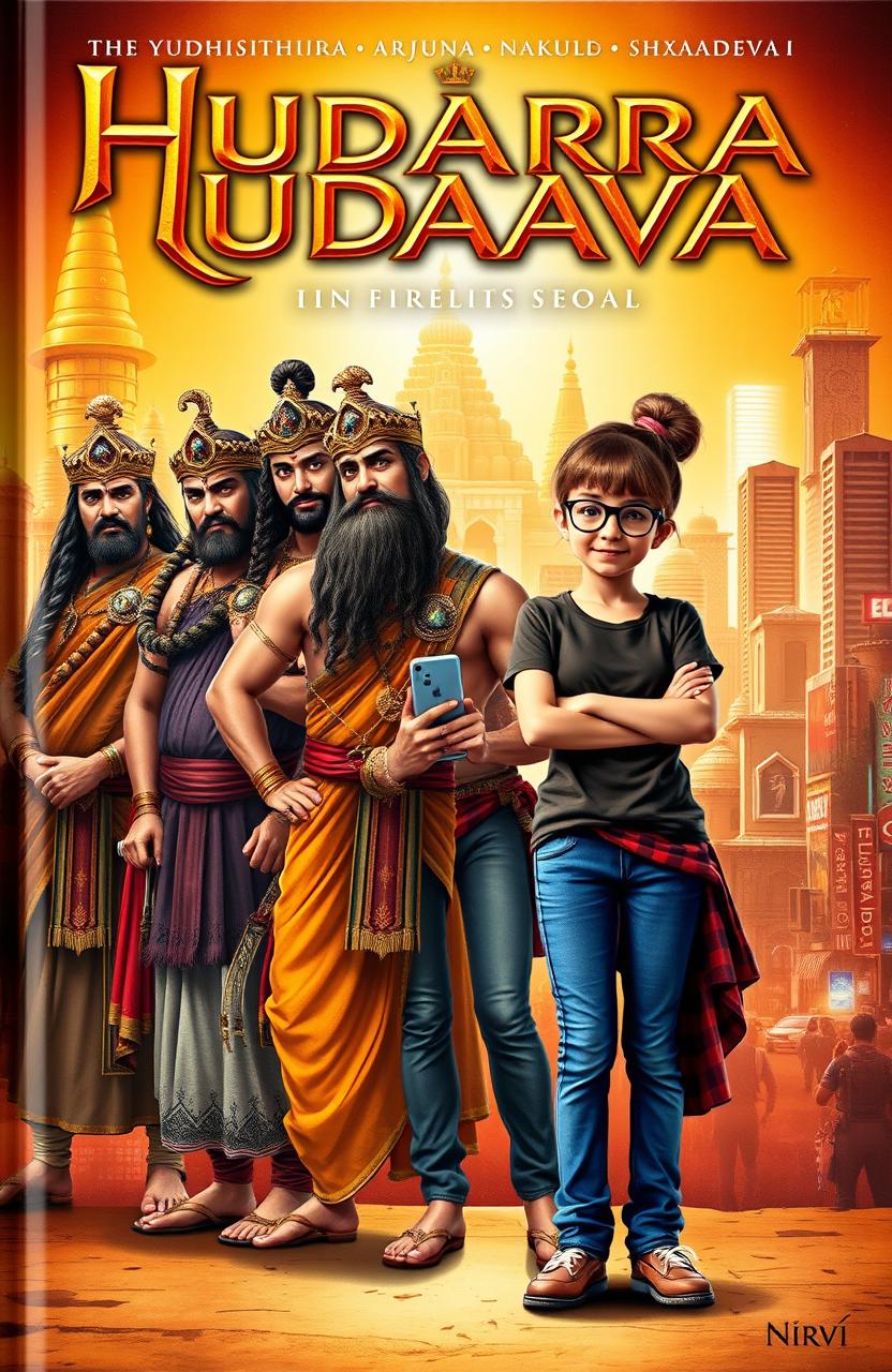 The cover features five handsome ancient warriors, the Pandavas—Yudhishthira, Bhima, Arjuna, Nakula, and Sahadeva—alongside the beautiful princess Draupadi, all dressed in regal and traditional attire