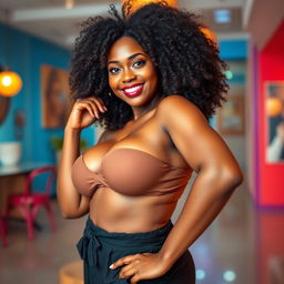 A beautiful, confident black woman with curly hair and an alluring curvy figure, accentuating her big breasts