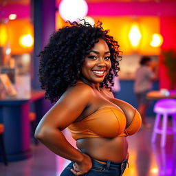 A beautiful, confident black woman with curly hair and an alluring curvy figure, accentuating her big breasts