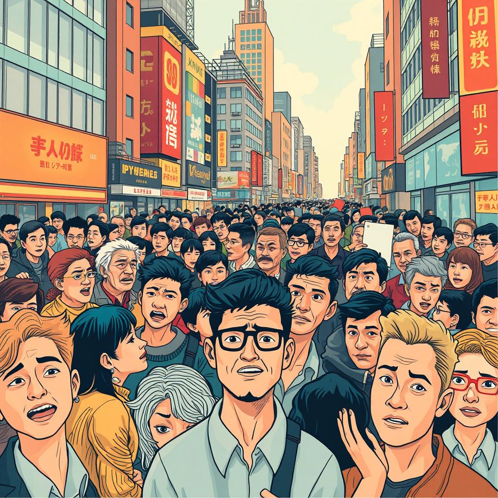 A visual interpretation of 'Psychology of the Crowds', illustrating a vibrant urban scene filled with a diverse array of people