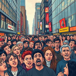 A visual interpretation of 'Psychology of the Crowds', illustrating a vibrant urban scene filled with a diverse array of people