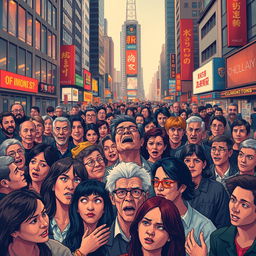 A visual interpretation of 'Psychology of the Crowds', illustrating a vibrant urban scene filled with a diverse array of people