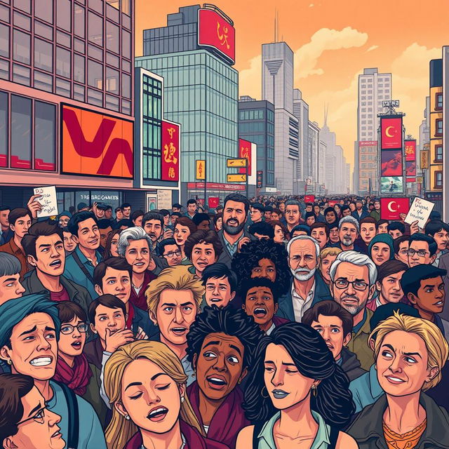 A visual interpretation of 'Psychology of the Crowds', illustrating a vibrant urban scene filled with a diverse array of people