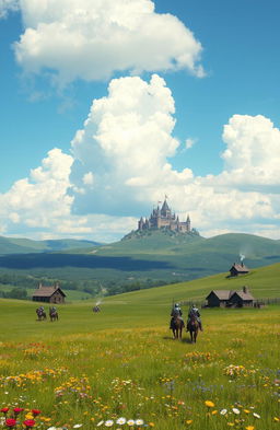 A vast medieval fantasy grassland dotted with colorful wildflowers, rolling hills stretching into the horizon, a clear blue sky overhead with fluffy white clouds