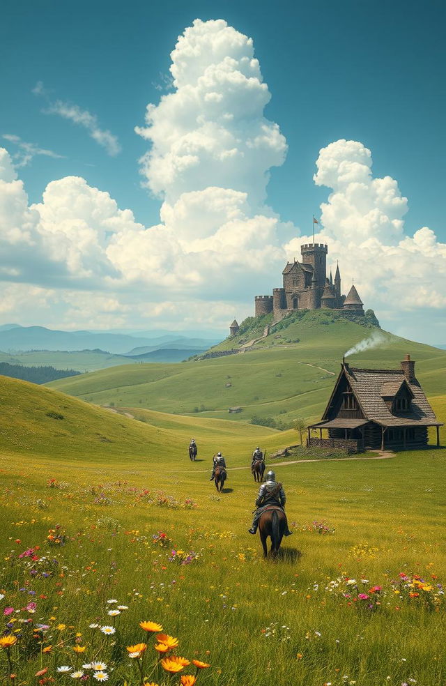 A vast medieval fantasy grassland dotted with colorful wildflowers, rolling hills stretching into the horizon, a clear blue sky overhead with fluffy white clouds