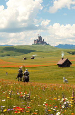 A vast medieval fantasy grassland dotted with colorful wildflowers, rolling hills stretching into the horizon, a clear blue sky overhead with fluffy white clouds