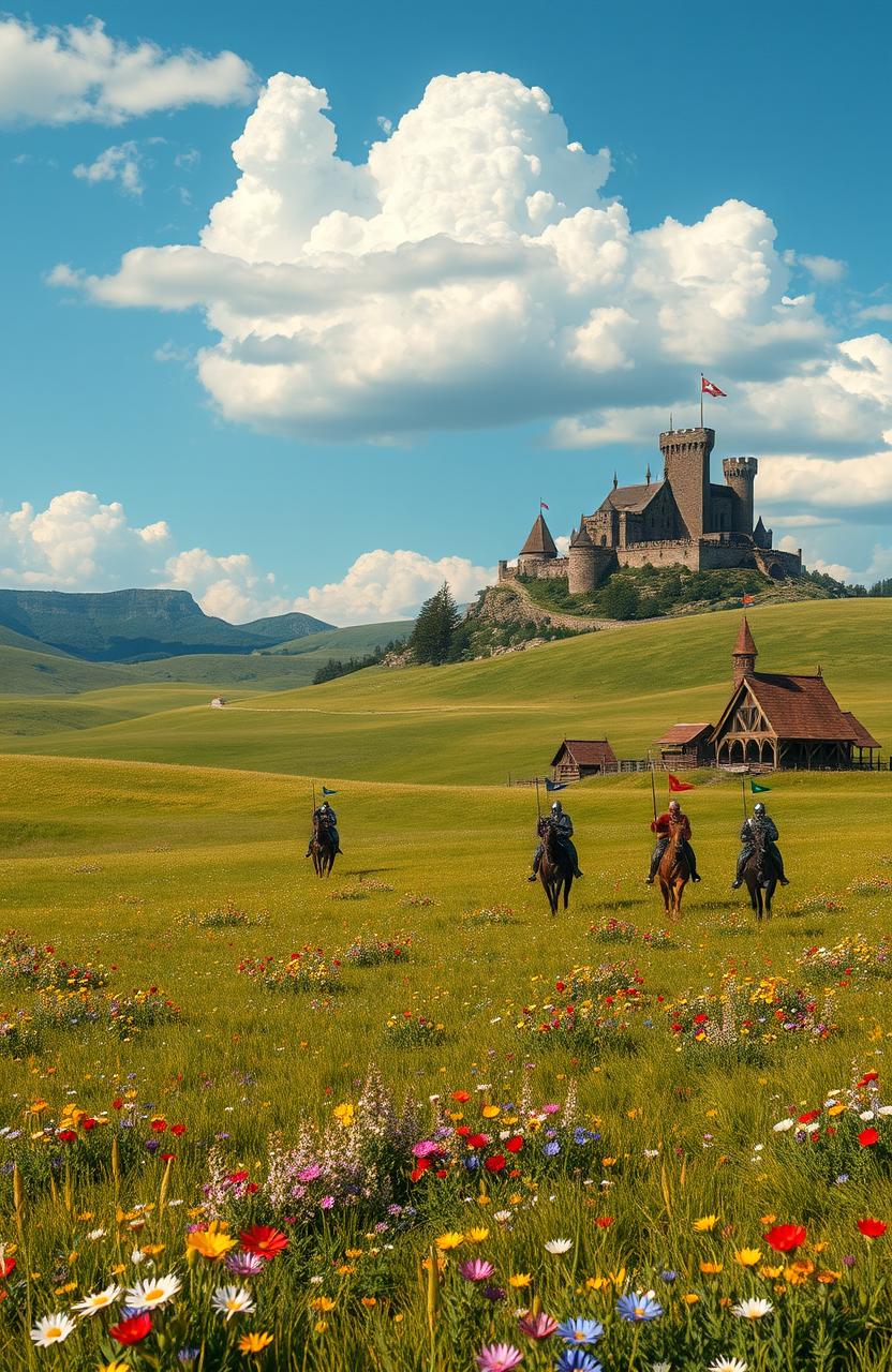 A vast medieval fantasy grassland dotted with colorful wildflowers, rolling hills stretching into the horizon, a clear blue sky overhead with fluffy white clouds