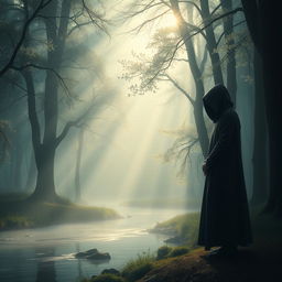 A captivating scene depicting a serene misty forest at dawn, with soft rays of sunlight filtering through the trees