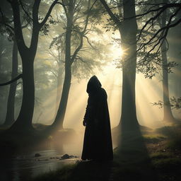 A captivating scene depicting a serene misty forest at dawn, with soft rays of sunlight filtering through the trees