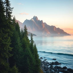 A serene and mysterious scene depicting a tranquil forest that transitions into majestic mountains overlooking a calm sea