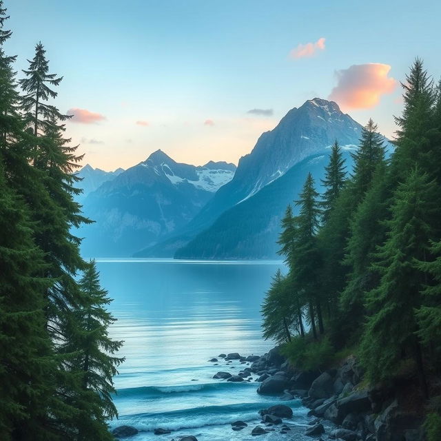 A serene and mysterious scene depicting a tranquil forest that transitions into majestic mountains overlooking a calm sea