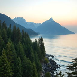 A serene and mysterious scene depicting a tranquil forest that transitions into majestic mountains overlooking a calm sea