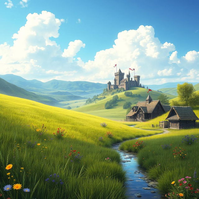 A serene medieval fantasy grassland landscape, showcasing a vast expanse of lush, green grass swaying gently in the breeze, interspersed with vibrant wildflowers in shades of yellow, purple, and red