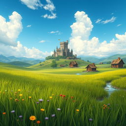 A serene medieval fantasy grassland landscape, showcasing a vast expanse of lush, green grass swaying gently in the breeze, interspersed with vibrant wildflowers in shades of yellow, purple, and red