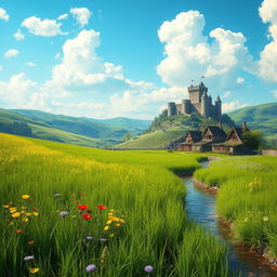 A serene medieval fantasy grassland landscape, showcasing a vast expanse of lush, green grass swaying gently in the breeze, interspersed with vibrant wildflowers in shades of yellow, purple, and red