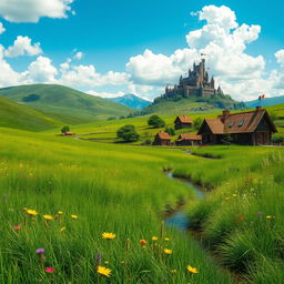 A serene medieval fantasy grassland landscape, showcasing a vast expanse of lush, green grass swaying gently in the breeze, interspersed with vibrant wildflowers in shades of yellow, purple, and red