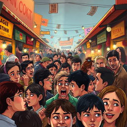 An artistic depiction of 'Psychology of the Crowds', illustrating a crowded market scene filled with diverse individuals exhibiting a range of emotions, such as excitement, anxiety, and camaraderie