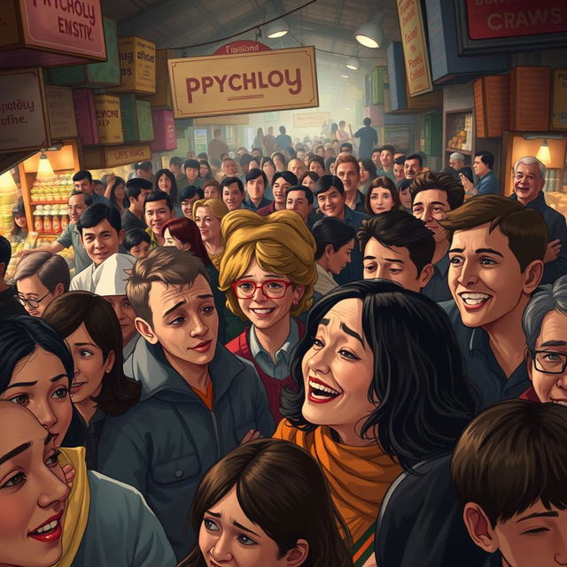 An artistic depiction of 'Psychology of the Crowds', illustrating a crowded market scene filled with diverse individuals exhibiting a range of emotions, such as excitement, anxiety, and camaraderie