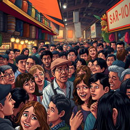 An artistic depiction of 'Psychology of the Crowds', illustrating a crowded market scene filled with diverse individuals exhibiting a range of emotions, such as excitement, anxiety, and camaraderie