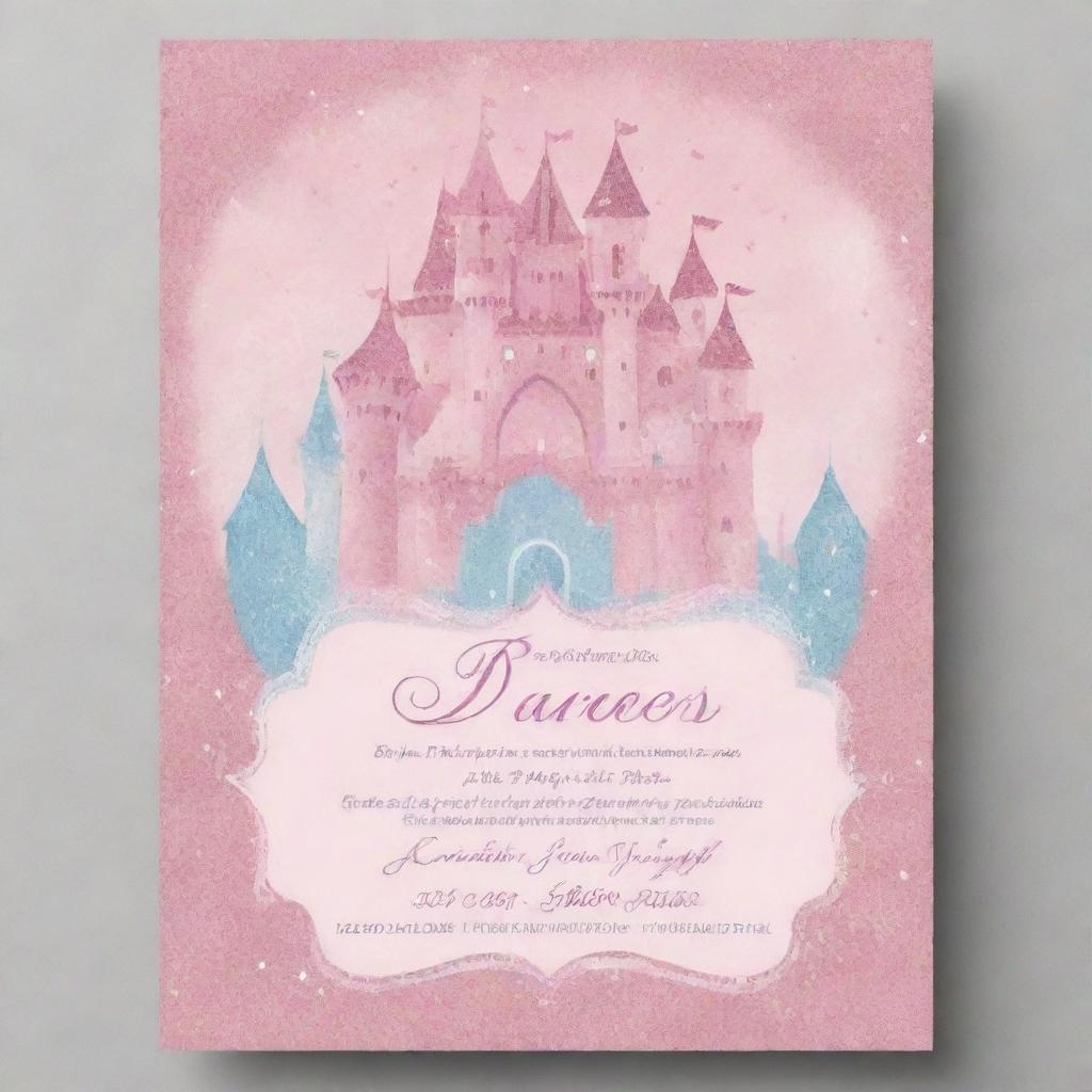 Create a flyer for a princess pageant. It should have a fairy tale castle background, adorned with glitter and crowns. Include text for date, venue, and details. Make sure the colors are soft and enchanting, with a touch of elegance.