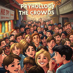 An artistic depiction of 'Psychology of the Crowds', illustrating a crowded market scene filled with diverse individuals exhibiting a range of emotions, such as excitement, anxiety, and camaraderie