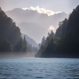 A serene and mystical landscape where a dense, tranquil forest meets majestic mountains, leading down to a calm, reflective sea