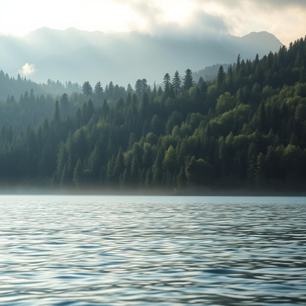 A serene and mystical landscape where a dense, tranquil forest meets majestic mountains, leading down to a calm, reflective sea