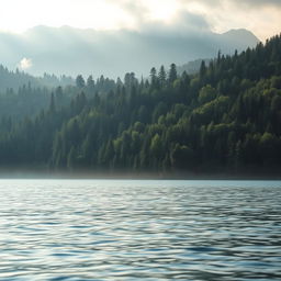 A serene and mystical landscape where a dense, tranquil forest meets majestic mountains, leading down to a calm, reflective sea