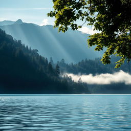 A serene and mystical landscape where a dense, tranquil forest meets majestic mountains, leading down to a calm, reflective sea