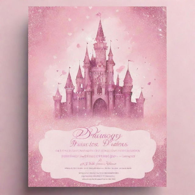 Create a flyer for a princess pageant. It should have a fairy tale castle background, adorned with glitter and crowns. Include text for date, venue, and details. Make sure the colors are soft and enchanting, with a touch of elegance.