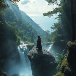 A serene and mysterious figure standing on a large stone in the midst of a breathtaking waterfall