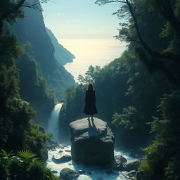 A serene and mysterious figure standing on a large stone in the midst of a breathtaking waterfall