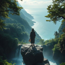 A serene and mysterious figure standing on a large stone in the midst of a breathtaking waterfall