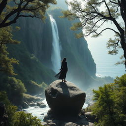 A serene and mysterious figure standing on a large stone in the midst of a breathtaking waterfall
