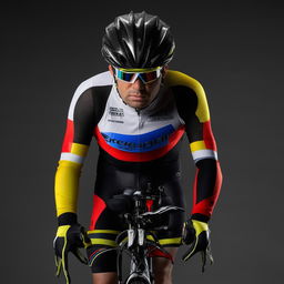 A set of gear for a male bicycle rider, including a modern helmet, gloves, and suit designed for safety and aerodynamic performance.