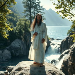 A mysterious and calm man standing on a large stone waterfall in a serene natural setting, surrounded by a dense forest, majestic mountains, and a clear sea in the background